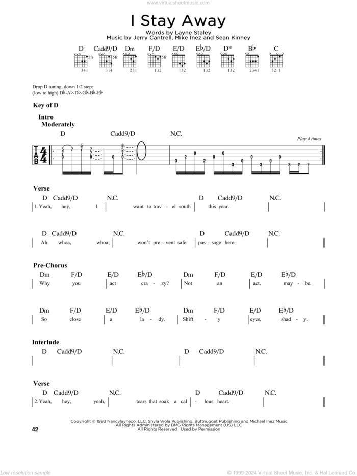 I Stay Away sheet music for guitar solo (lead sheet) by Alice In Chains, Jerry Cantrell, Layne T. Staley and Mike Inez, intermediate guitar (lead sheet)