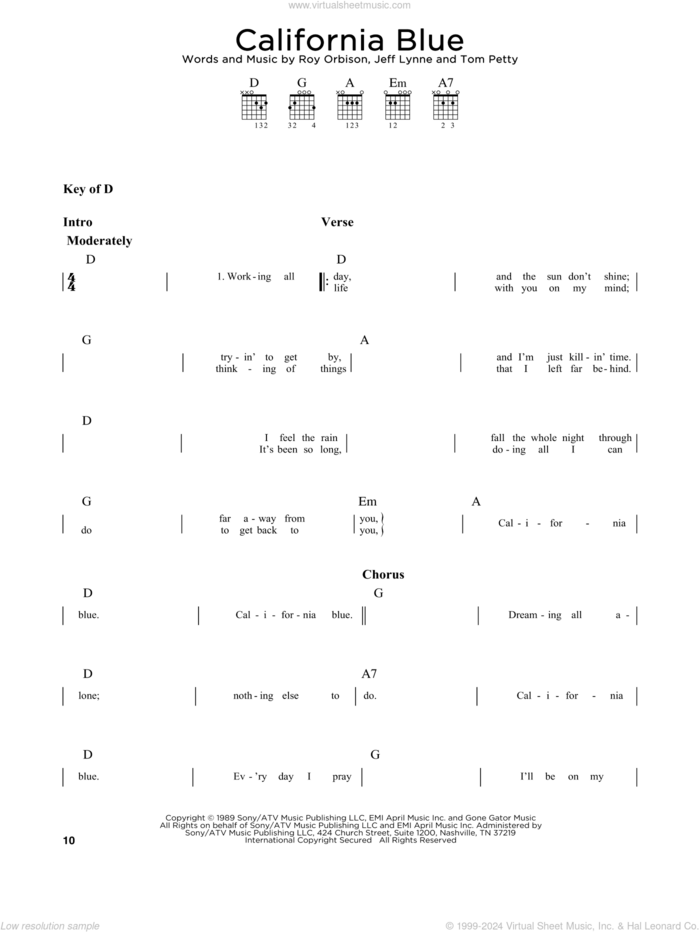 California Blue sheet music for guitar solo (chords and lyrics) by Roy Orbison, Jeff Lynne and Tom Petty, intermediate guitar (chords and lyrics)