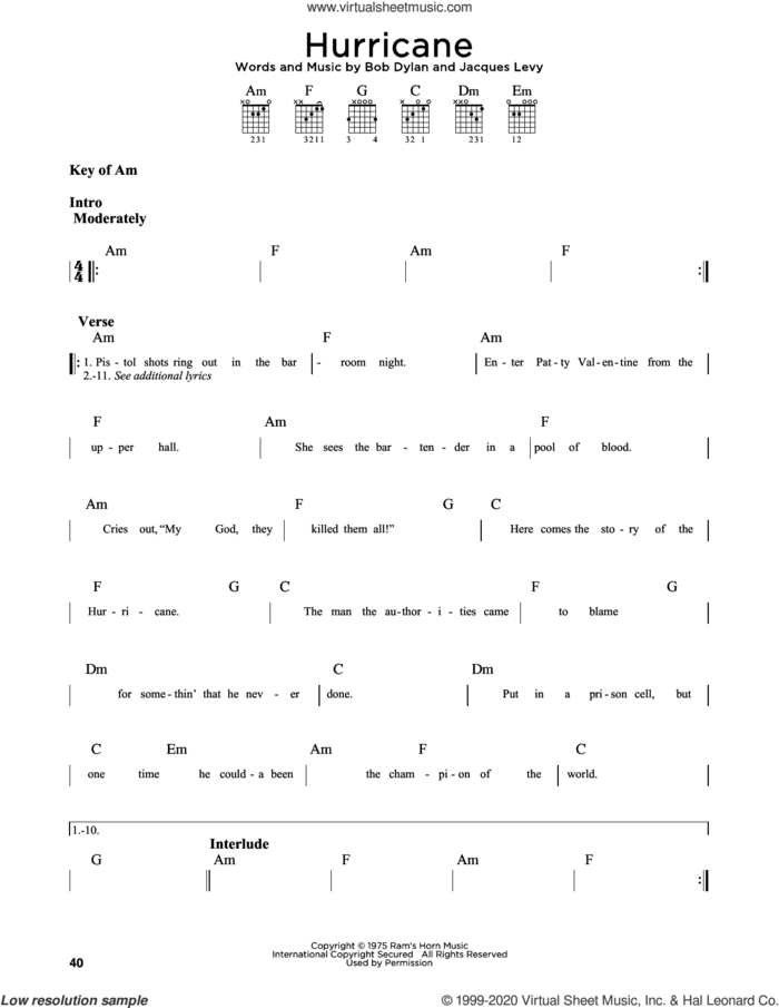 Hurricane sheet music for guitar solo (lead sheet) by Bob Dylan and Jacques Levy, intermediate guitar (lead sheet)