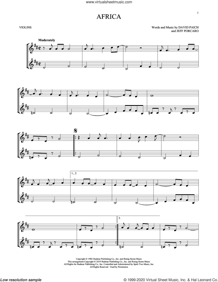Africa sheet music for two violins (duets, violin duets) by Toto, David Paich and Jeff Porcaro, intermediate skill level