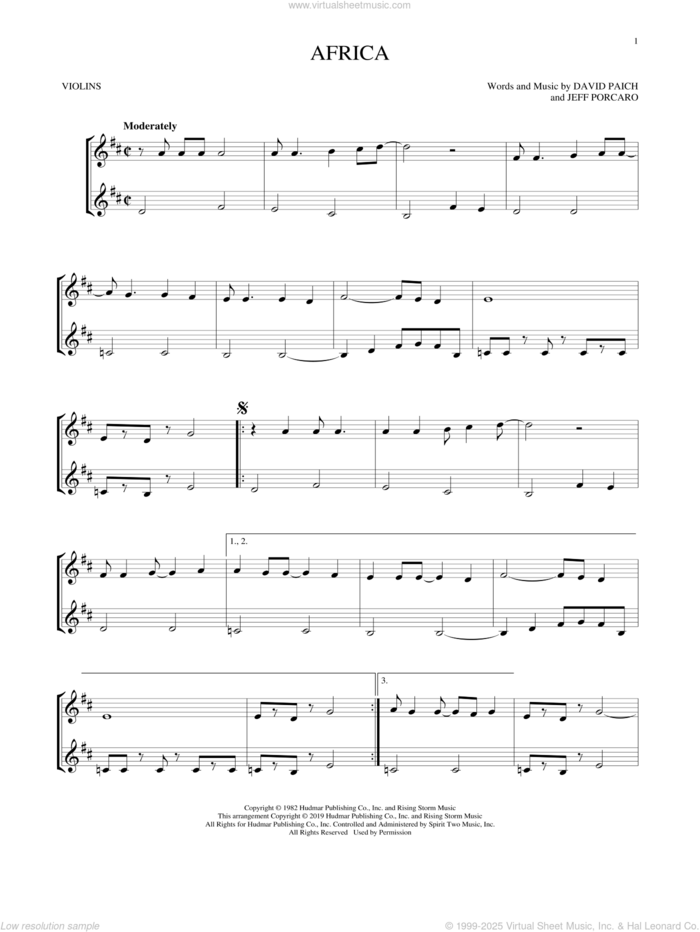 Africa sheet music for two violins (duets, violin duets) by Toto, David Paich and Jeff Porcaro, intermediate skill level