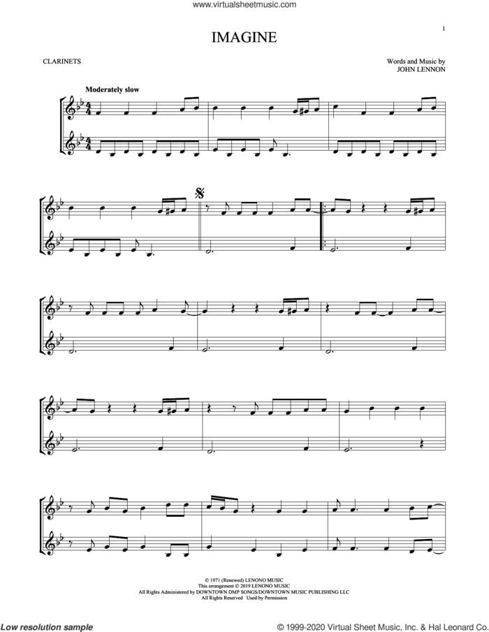 Imagine sheet music for two clarinets (duets) by John Lennon, intermediate skill level