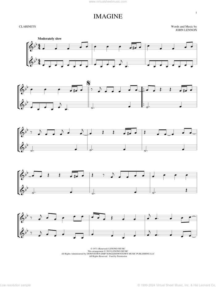 Imagine sheet music for two clarinets (duets) by John Lennon, intermediate skill level