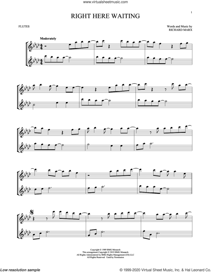 Right Here Waiting sheet music for two flutes (duets) by Richard Marx, intermediate skill level