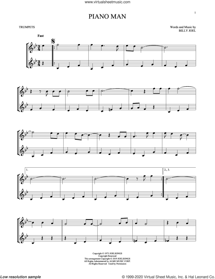 Piano Man sheet music for two trumpets (duet, duets) by Billy Joel, intermediate skill level