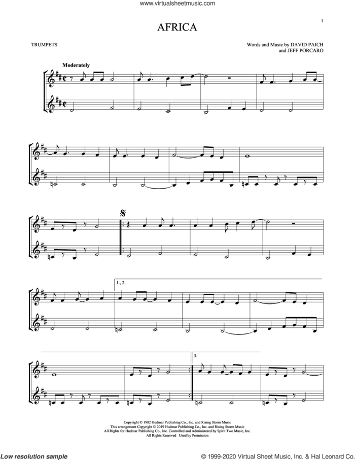 Africa sheet music for two trumpets (duet, duets) by Toto, David Paich and Jeff Porcaro, intermediate skill level