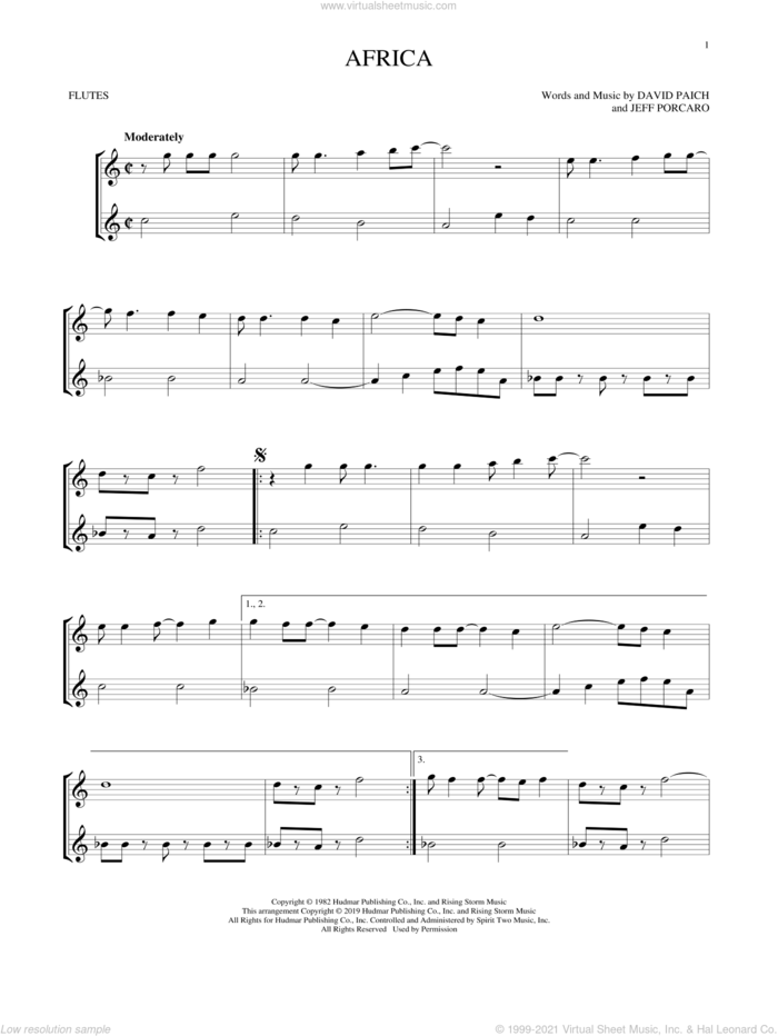 Africa sheet music for two flutes (duets) by Toto, David Paich and Jeff Porcaro, intermediate skill level