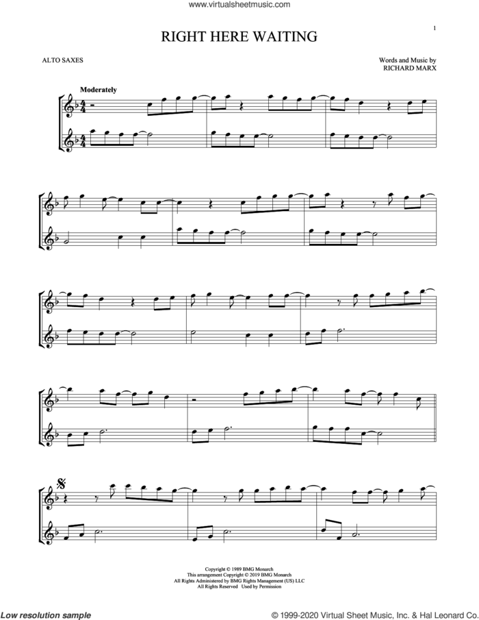 Right Here Waiting sheet music for two alto saxophones (duets) by Richard Marx, intermediate skill level