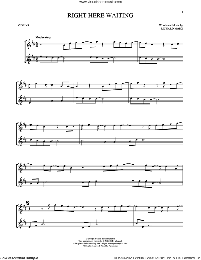Right Here Waiting sheet music for two violins (duets, violin duets) by Richard Marx, intermediate skill level