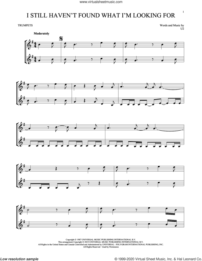 I Still Haven't Found What I'm Looking For sheet music for two trumpets (duet, duets) by U2, intermediate skill level