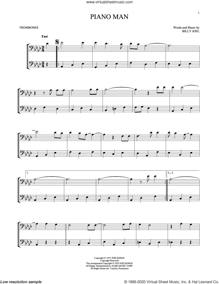 Piano Man sheet music for two trombones (duet, duets) by Billy Joel, intermediate skill level