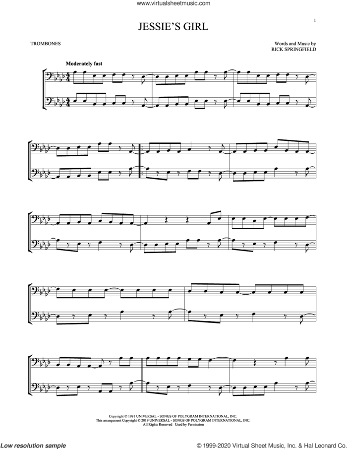 Jessie's Girl sheet music for two trombones (duet, duets) by Rick Springfield, intermediate skill level