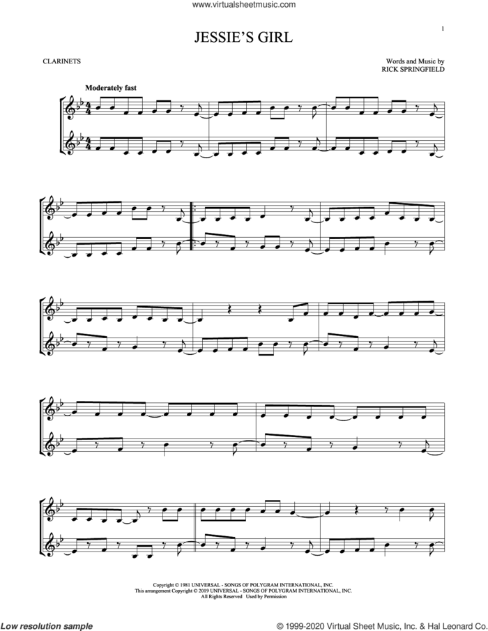 Jessie's Girl sheet music for two clarinets (duets) by Rick Springfield, intermediate skill level