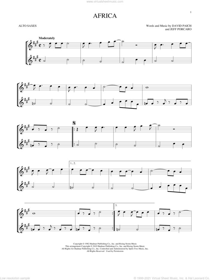 Africa sheet music for two alto saxophones (duets) by Toto, David Paich and Jeff Porcaro, intermediate skill level