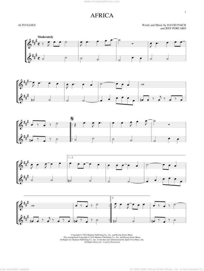 Africa sheet music for two alto saxophones (duets) by Toto, David Paich and Jeff Porcaro, intermediate skill level