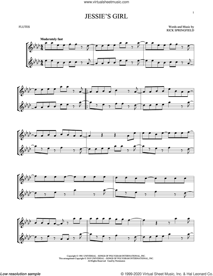 Jessie's Girl sheet music for two flutes (duets) by Rick Springfield, intermediate skill level