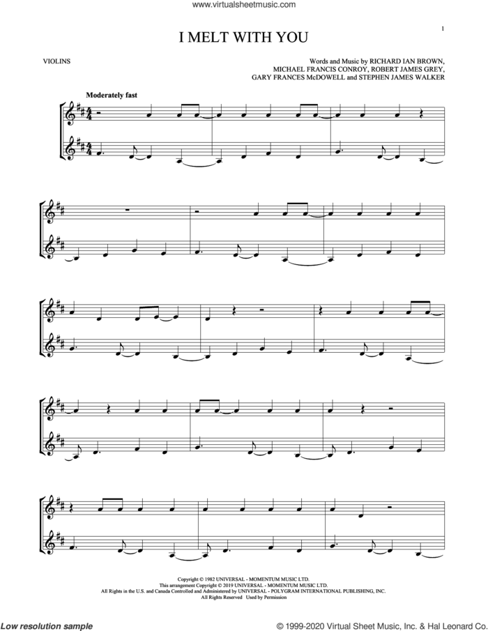 I Melt With You sheet music for two violins (duets, violin duets) by Modern English, Gary Frances McDowell, Michael Francis Conroy, Richard Ian Brown, Robert James Grey and Stephen James Walker, intermediate skill level