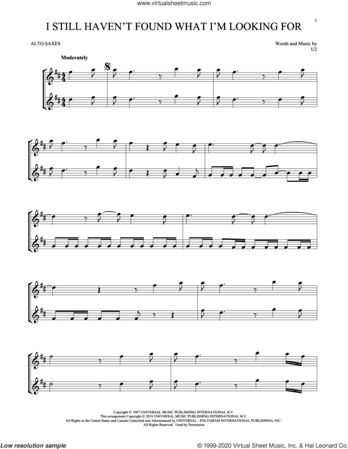 I Still Haven't Found What I'm Looking For sheet music for two alto saxophones (duets) by U2, intermediate skill level