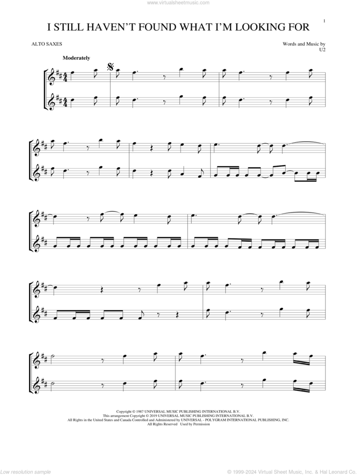 I Still Haven't Found What I'm Looking For sheet music for two alto saxophones (duets) by U2, intermediate skill level