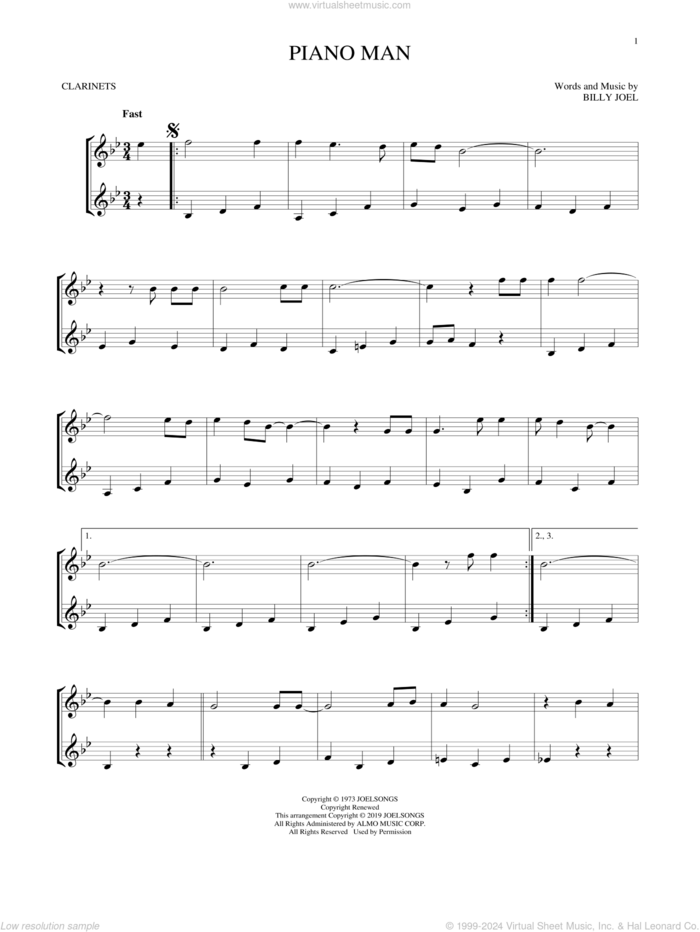 Piano Man sheet music for two clarinets (duets) by Billy Joel, intermediate skill level