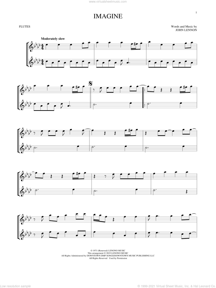 Imagine sheet music for two flutes (duets) by John Lennon, intermediate skill level
