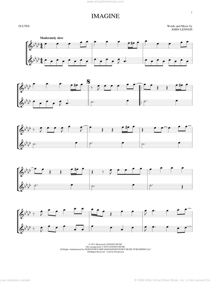 Imagine sheet music for two flutes (duets) by John Lennon, intermediate skill level