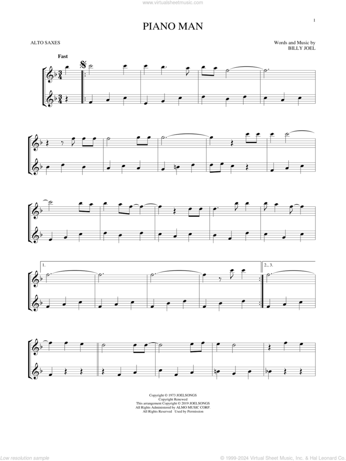 Piano Man sheet music for two alto saxophones (duets) by Billy Joel, intermediate skill level