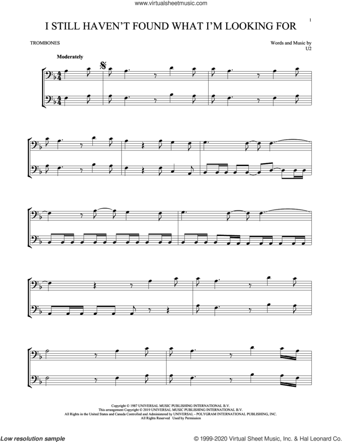 I Still Haven't Found What I'm Looking For sheet music for two trombones (duet, duets) by U2, intermediate skill level