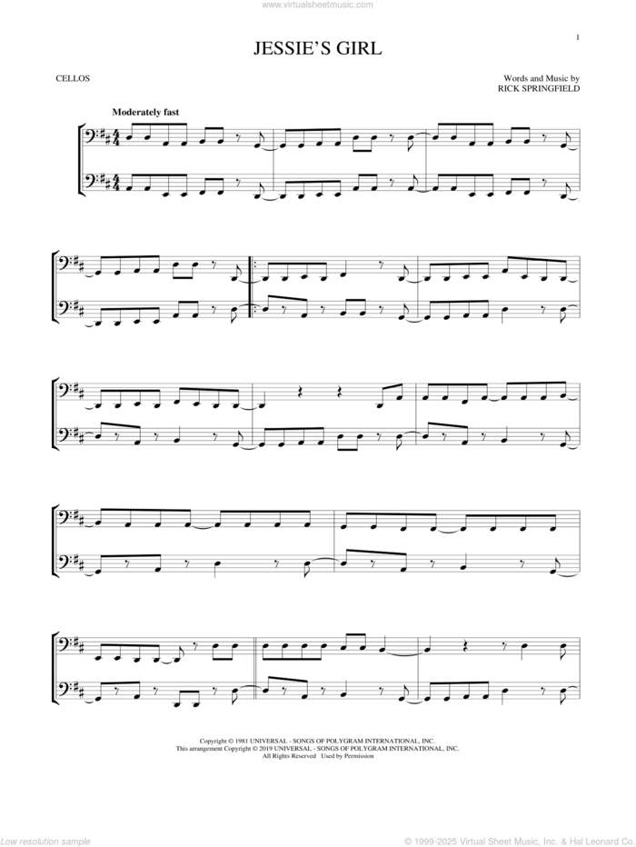 Jessie's Girl sheet music for two cellos (duet, duets) by Rick Springfield, intermediate skill level