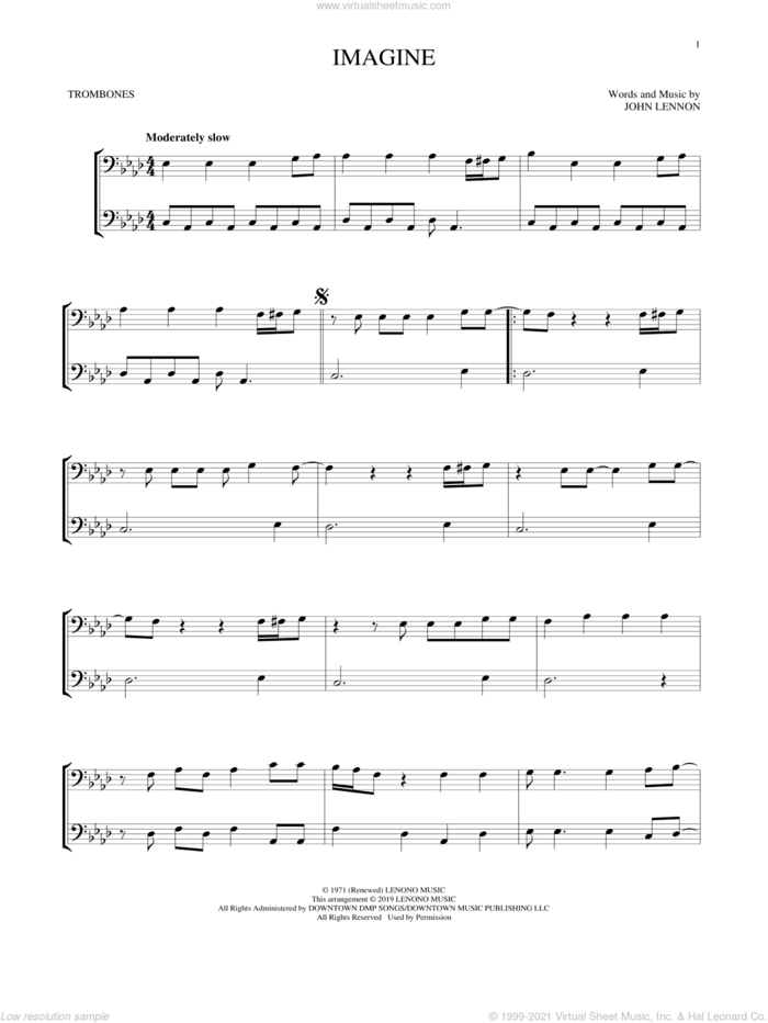 Imagine sheet music for two trombones (duet, duets) by John Lennon, intermediate skill level