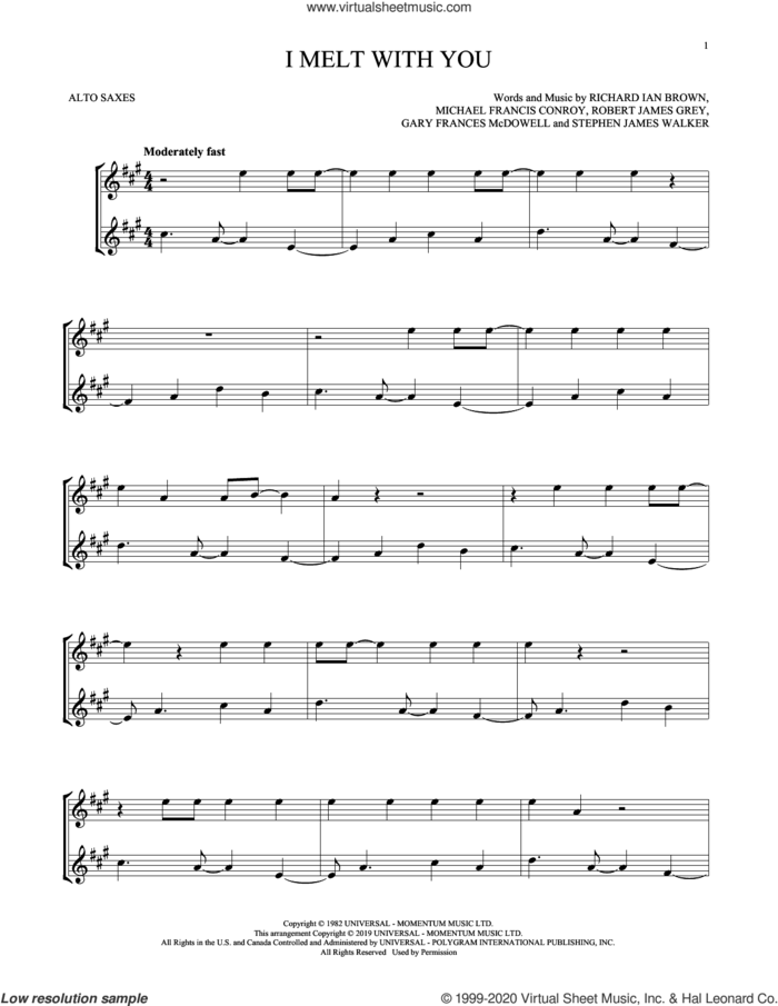 I Melt With You sheet music for two alto saxophones (duets) by Modern English, Gary Frances McDowell, Michael Francis Conroy, Richard Ian Brown, Robert James Grey and Stephen James Walker, intermediate skill level