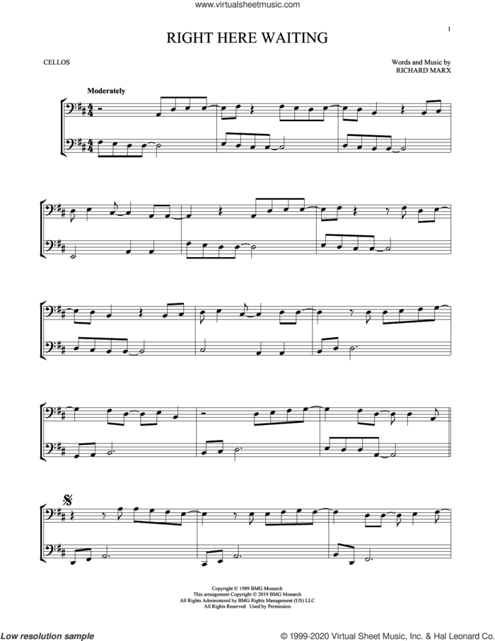 Right Here Waiting sheet music for two cellos (duet, duets) by Richard Marx, intermediate skill level