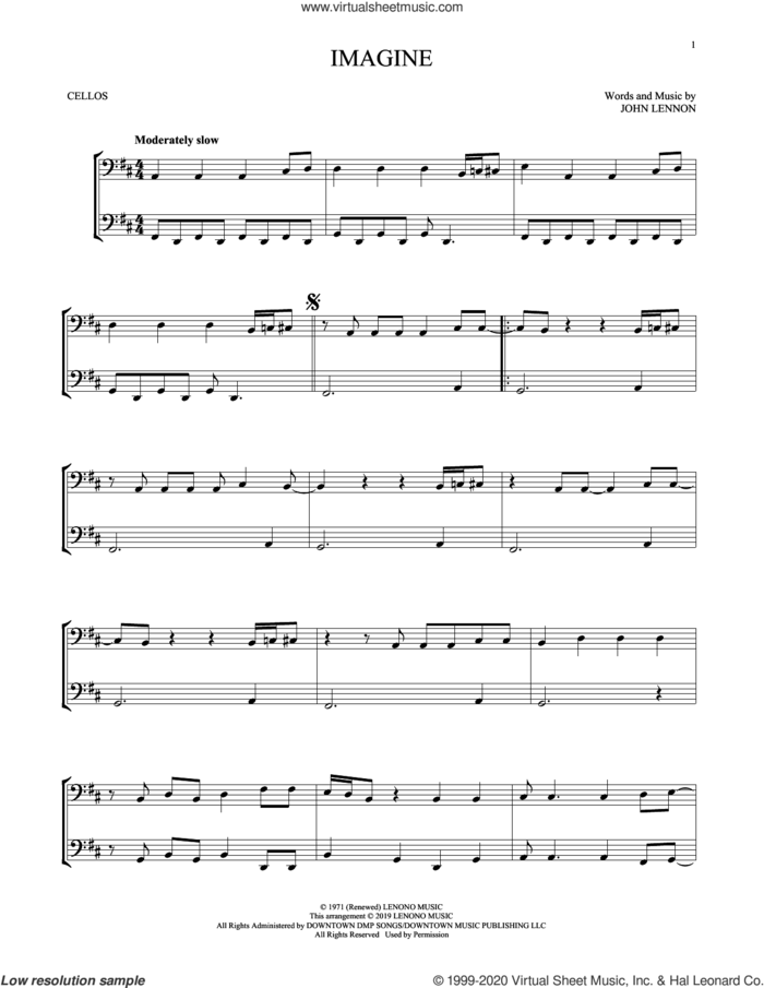 Imagine sheet music for two cellos (duet, duets) by John Lennon, intermediate skill level