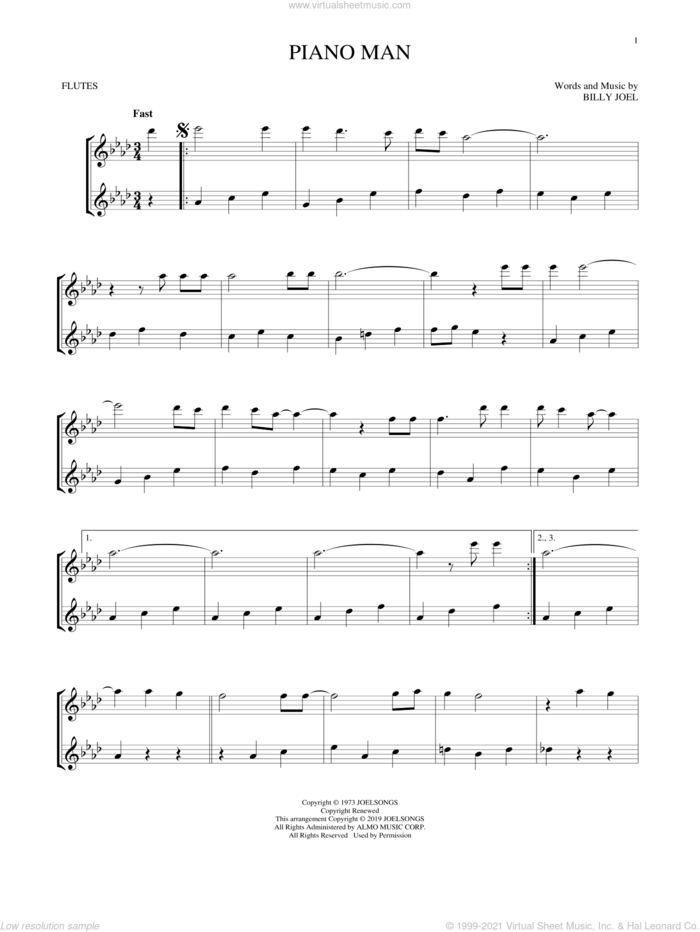 Piano Man sheet music for two flutes (duets) by Billy Joel, intermediate skill level