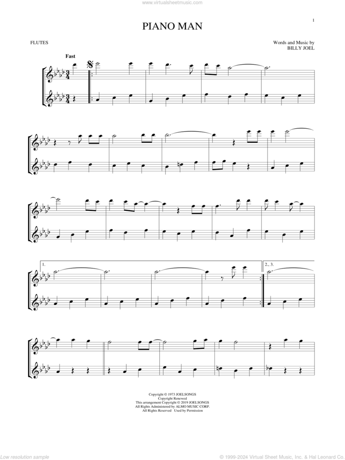 Piano Man sheet music for two flutes (duets) by Billy Joel, intermediate skill level