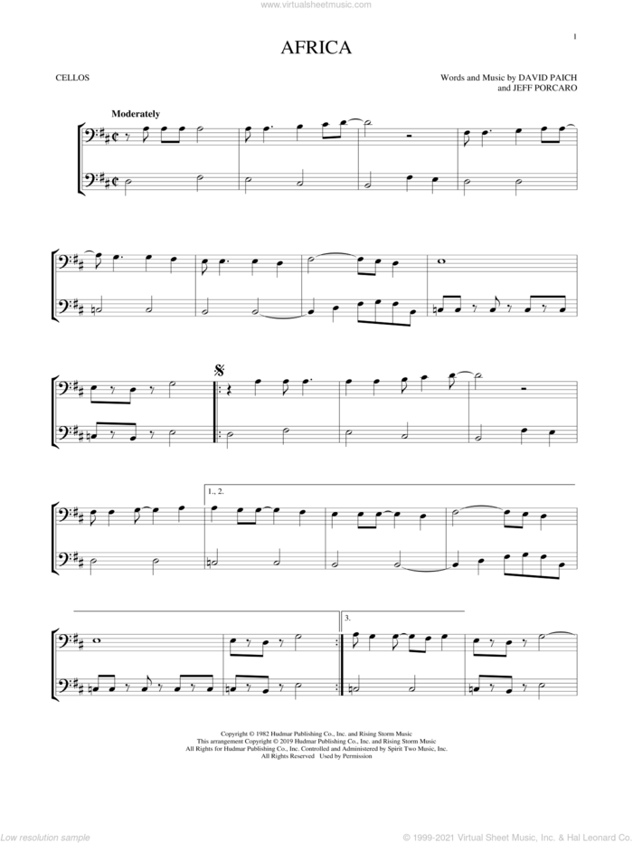 Africa sheet music for two cellos (duet, duets) by Toto, David Paich and Jeff Porcaro, intermediate skill level