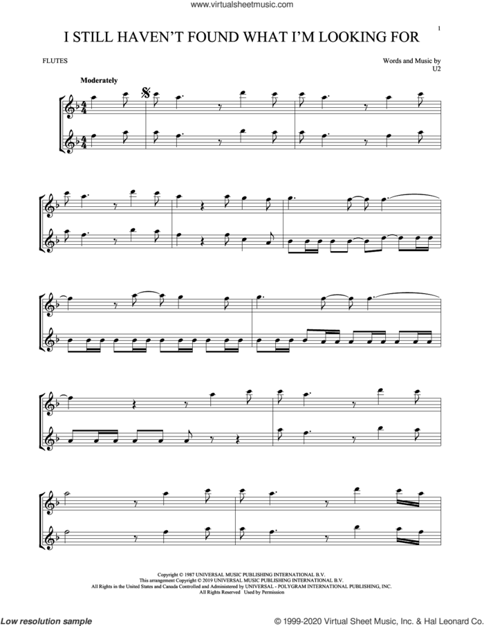 I Still Haven't Found What I'm Looking For sheet music for two flutes (duets) by U2, intermediate skill level