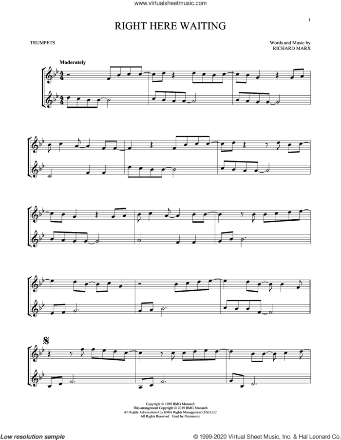 Right Here Waiting sheet music for two trumpets (duet, duets) by Richard Marx, intermediate skill level
