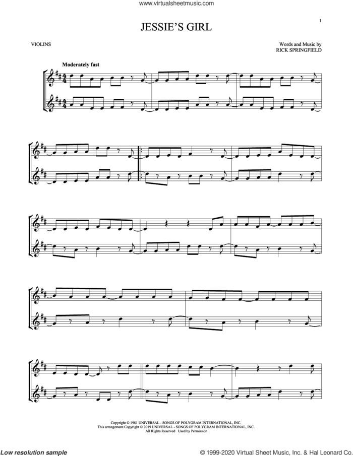 Jessie's Girl sheet music for two violins (duets, violin duets) by Rick Springfield, intermediate skill level