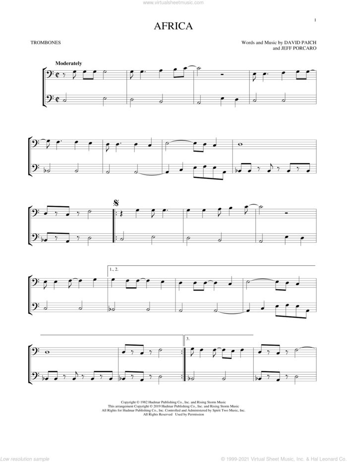 Africa sheet music for two trombones (duet, duets) by Toto, David Paich and Jeff Porcaro, intermediate skill level