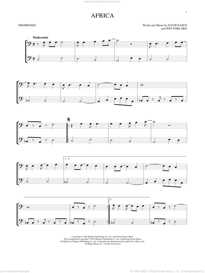 Africa sheet music for two trombones (duet, duets) by Toto, David Paich and Jeff Porcaro, intermediate skill level