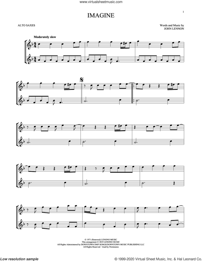 Imagine sheet music for two alto saxophones (duets) by John Lennon, intermediate skill level