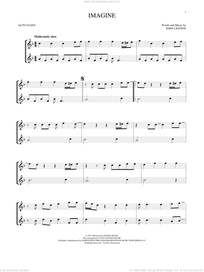 Imagine sheet music for two alto saxophones (duets) by John Lennon, intermediate skill level