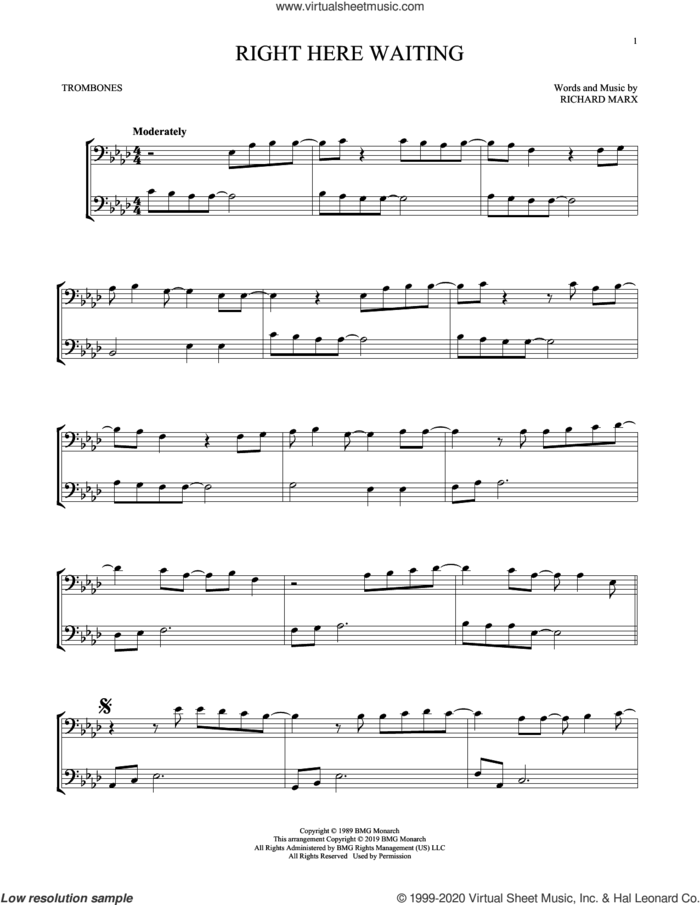Right Here Waiting sheet music for two trombones (duet, duets) by Richard Marx, intermediate skill level