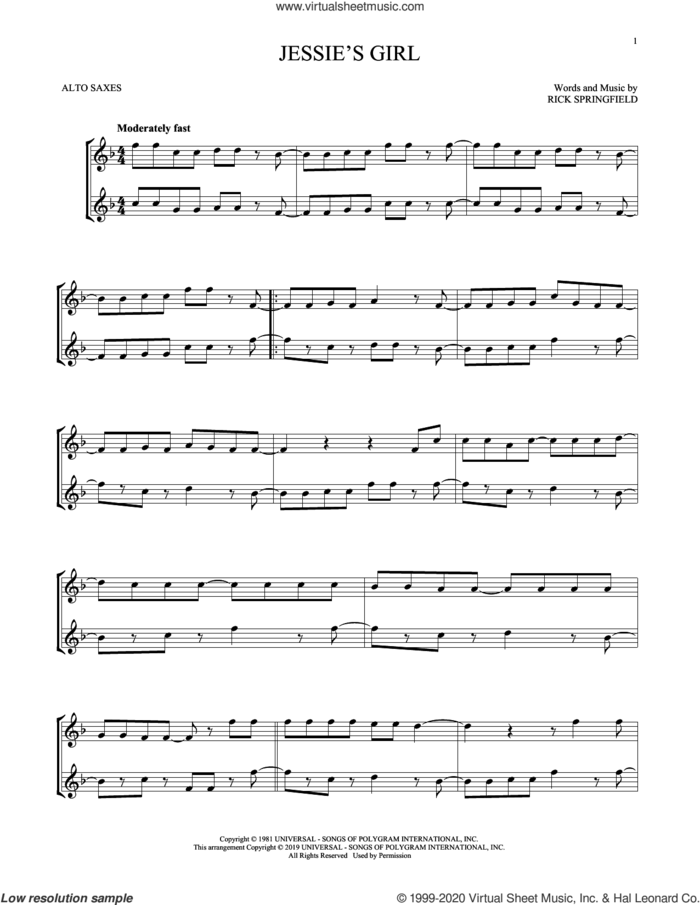 Jessie's Girl sheet music for two alto saxophones (duets) by Rick Springfield, intermediate skill level
