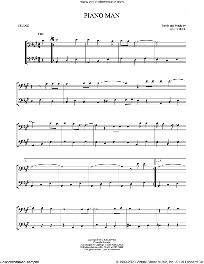 Piano Man sheet music for two cellos (duet, duets) by Billy Joel, intermediate skill level