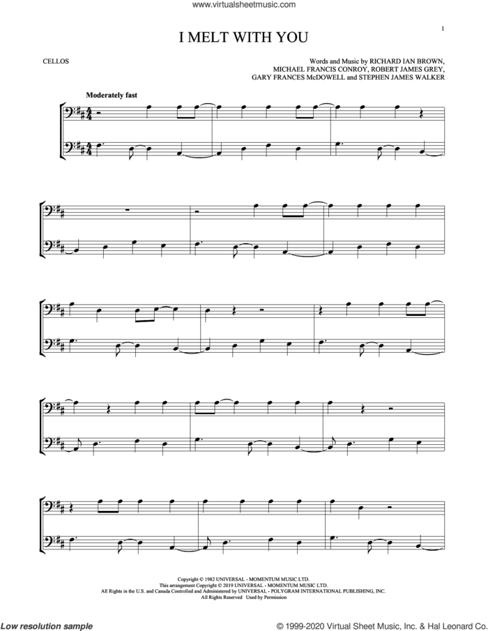 I Melt With You sheet music for two cellos (duet, duets) by Modern English, Gary Frances McDowell, Michael Francis Conroy, Richard Ian Brown, Robert James Grey and Stephen James Walker, intermediate skill level