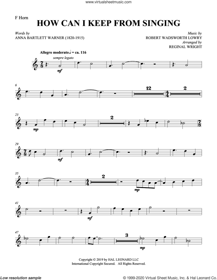 How Can I Keep from Singing (arr. Reginal Wright) sheet music for orchestra/band (f horn) by Anna Bartlett Warner and Robert Wadsworth Lowry, Reginal Wright, Robert Wadsworth Lowry and Anna Bartlett Warner, intermediate skill level