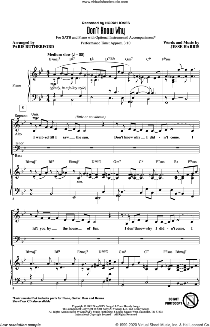 Don't Know Why (arr. Paris Rutherford) sheet music for choir (SATB: soprano, alto, tenor, bass) by Norah Jones, Paris Rutherford and Jesse Harris, intermediate skill level