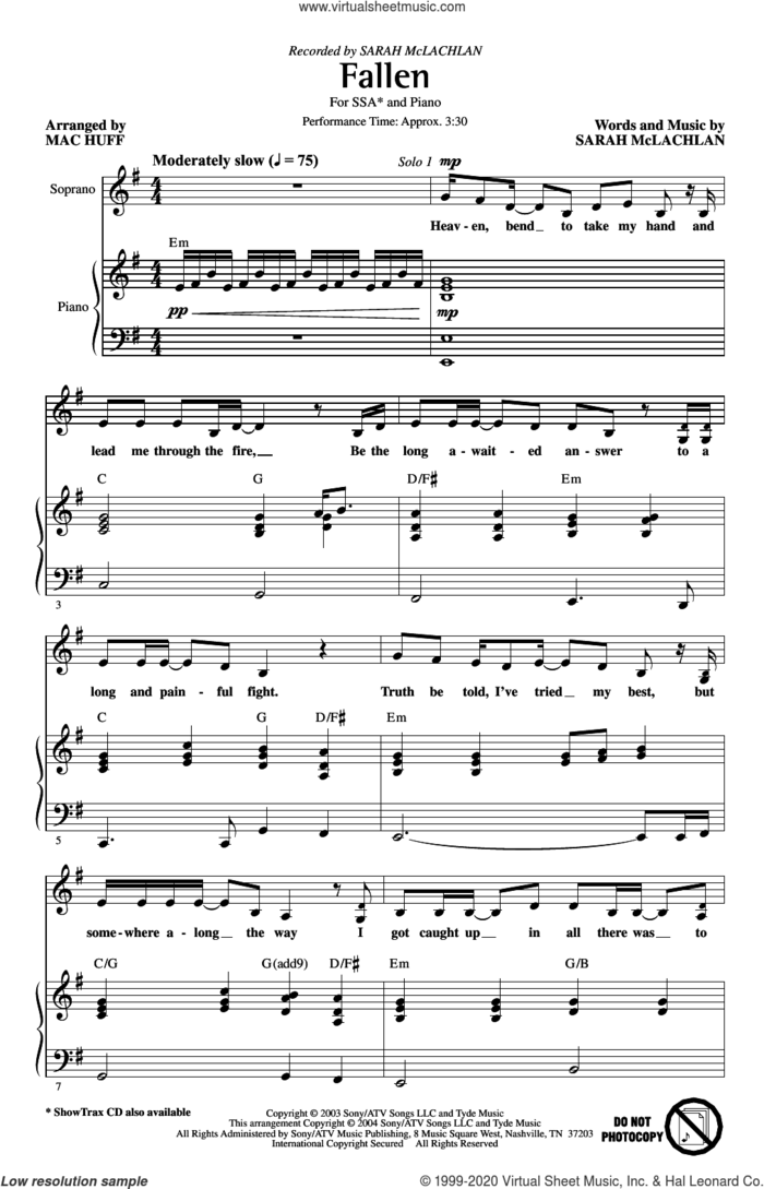 Fallen (arr. Mac Huff) sheet music for choir (SSA: soprano, alto) by Sarah McLachlan and Mac Huff, intermediate skill level